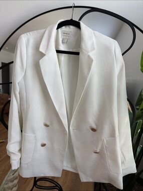 Forever 21 White Double-Breasted Suit Jacket with Gold Buttons